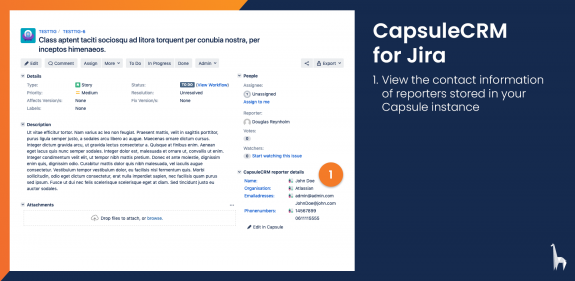 Contact information of issue reporters stored in Capsule is viewable directly from Jira.