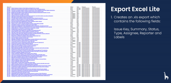 Exported fields: Issue Key, Summary, Status, Types, Assignee, Reporter and Labels.
